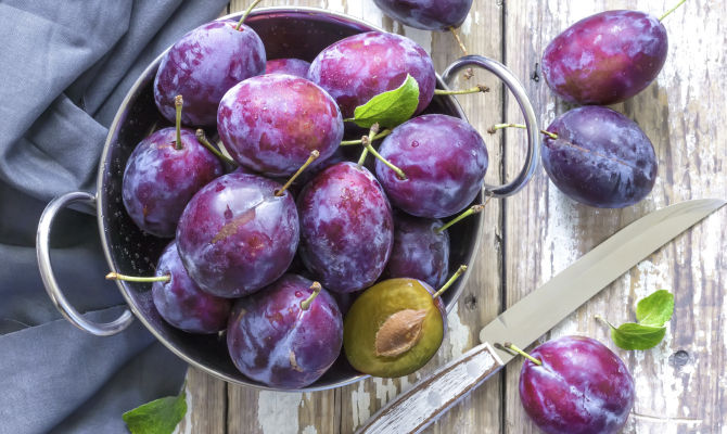 susine prugne tavolo secchio coltello frutta viola stoffa