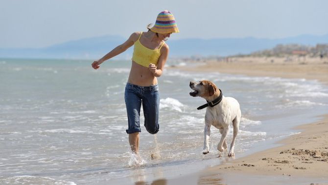 Ragazza con cane in spiaggia