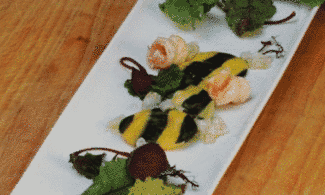 Ravioli bianchi e neri di baccalà e gamberi d’acqua salata