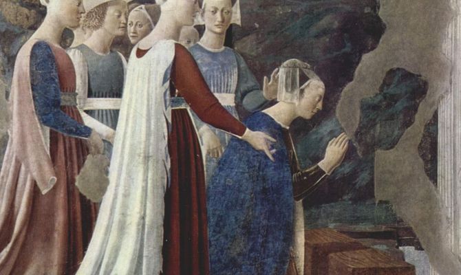 Piero della Francesca, dettaglio dal ciclo di affreschi della <em>Leggenda della Santa Croce</em> nel coro della Basilica di San Francesco ad Arezzo (1452-1466). Piero della Francesca [Public domain or Public domain], via Wikimedia Commons
