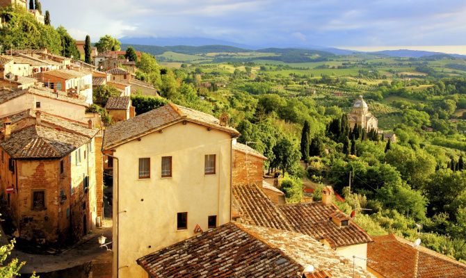 tramonto, toscana, colline, montepulciano, paese, case, natura