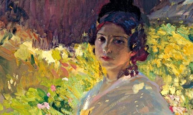 Dipinto di Joaquín Sorolla: María vestita da contadina valenciana (part.), 1906. Collezione privata