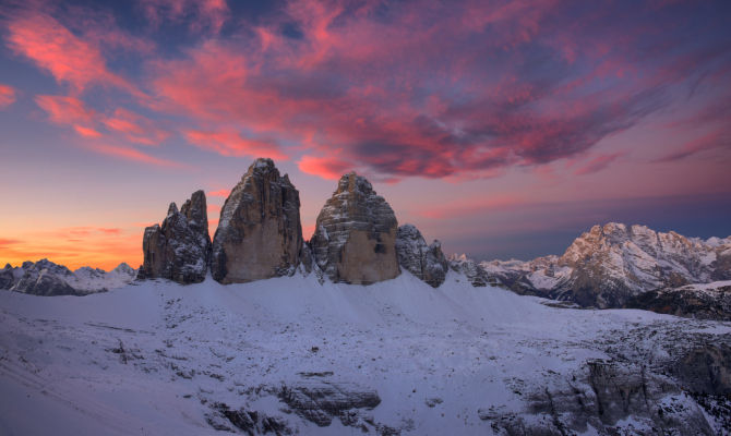 tre cime di lavaredo dolomiti tramonto montagna 