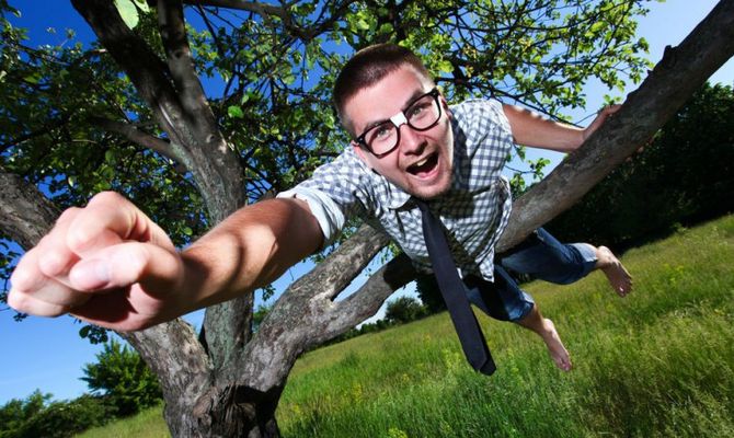 Uomo con occhiali su un albero