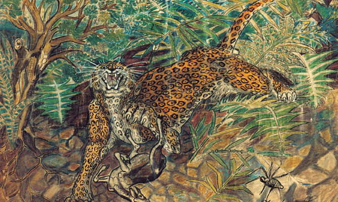 Leopardo con antilope e indigeno