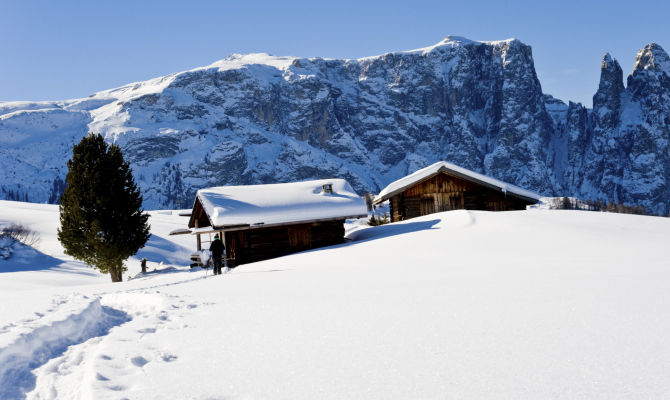 panorma, montagna, neve, inverno, siusi, alpe di siusi, baite