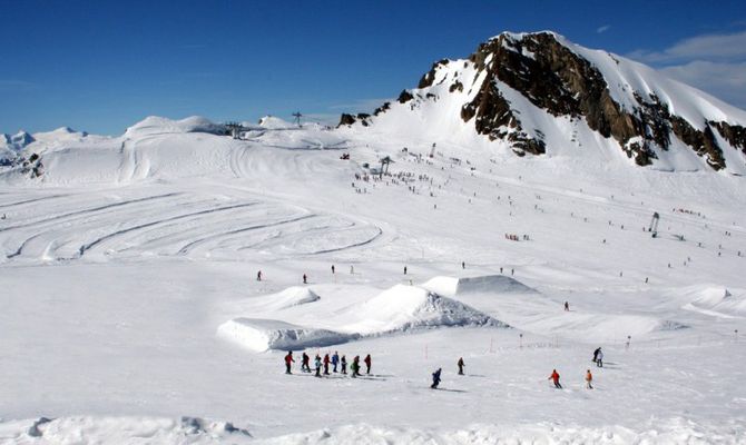 Panorama con sciatori e cime innevate a Crans-Montana